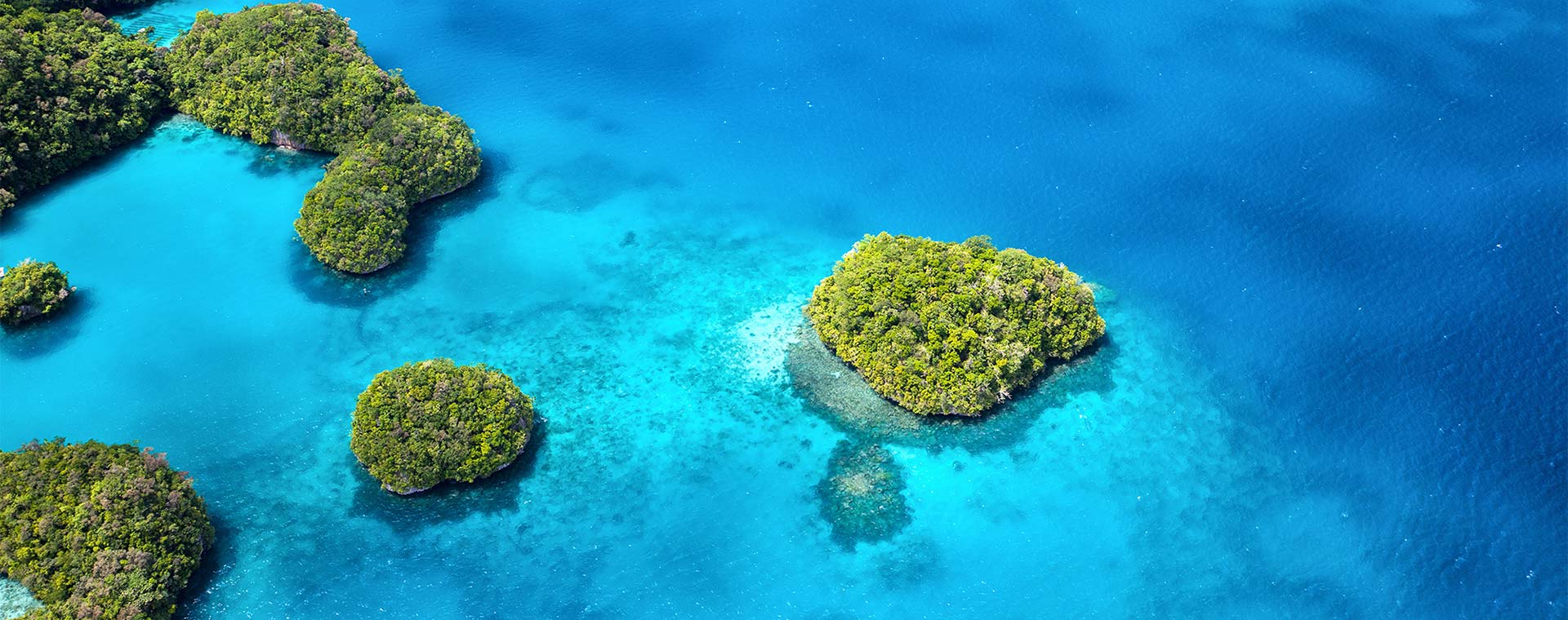 Small, lush, tree filled islands as seen from above, surrounded by brilliant blue water