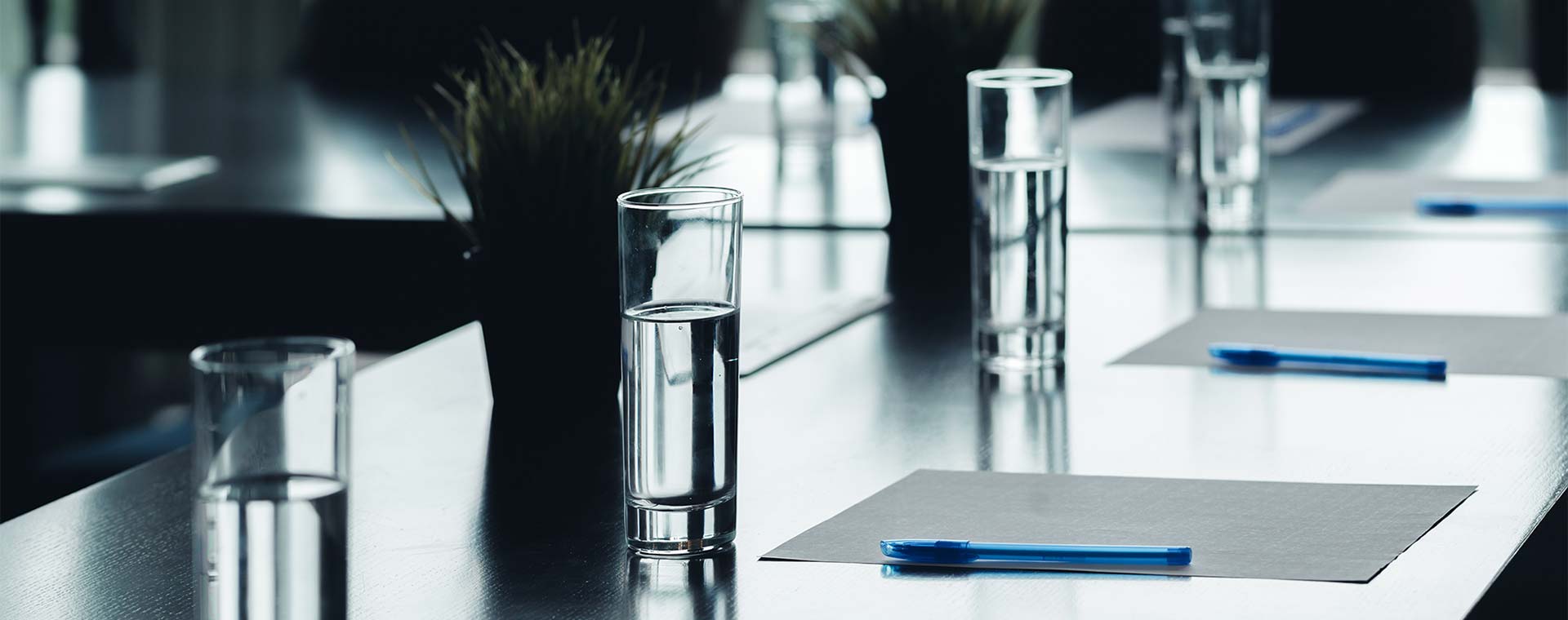 A close up of a conference room light by nature light. On the table are four glasses of water, notepaper, pens and succulent plants.