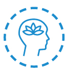 A circular blue and white icon of a head as seen from the side, with a lotus flower where the brain is. The head is encircled by a blue dashed line.