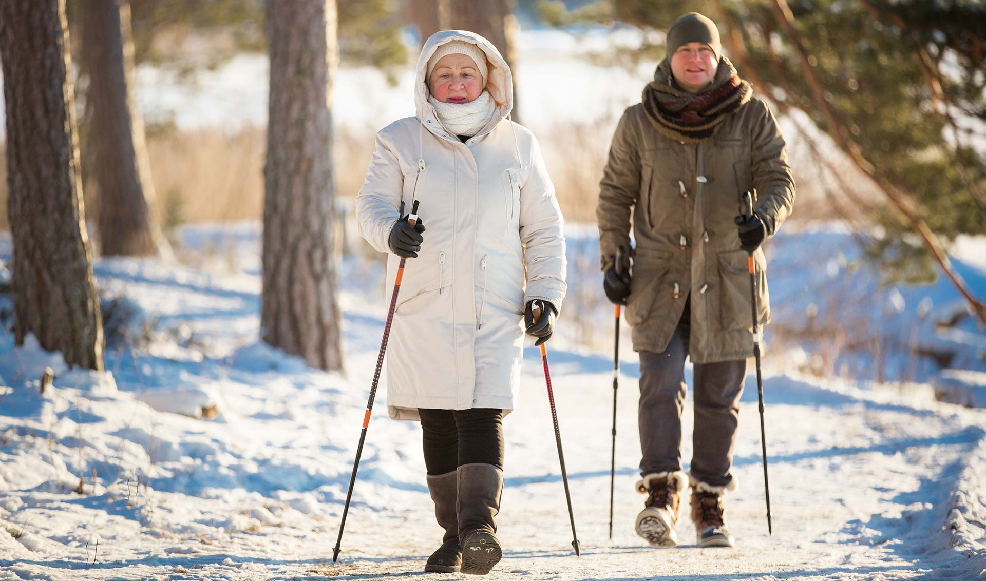 A senior couple is walking on a snowy path, it is a sunny winter day. They are using Nordic poles and are well bundled against the cold.