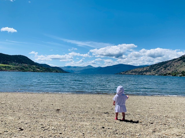 A toddler standing on a beach watching the waves in the ocean.